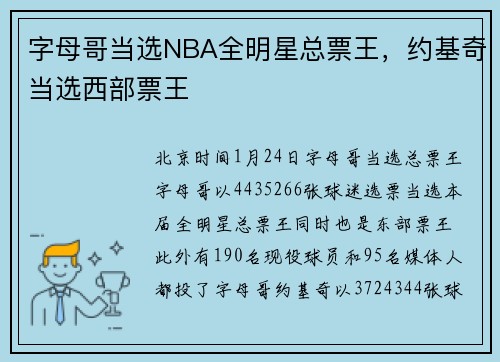 字母哥当选NBA全明星总票王，约基奇当选西部票王